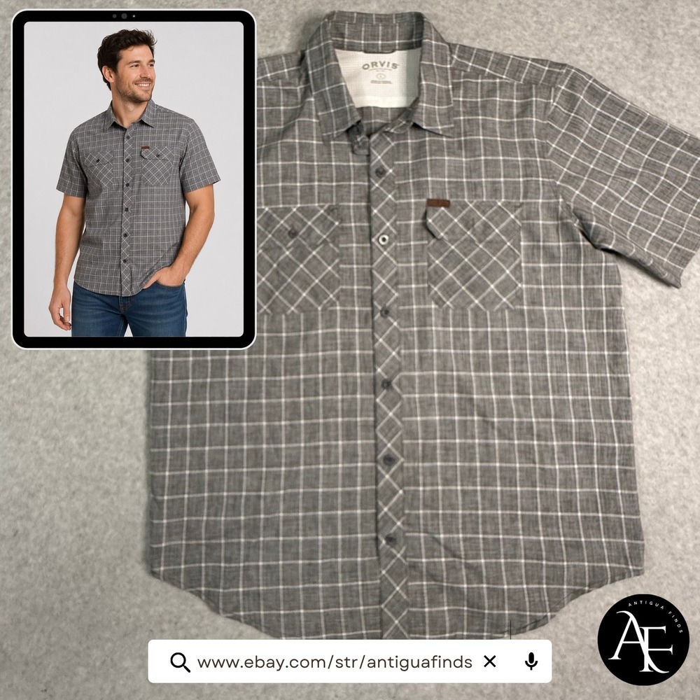 Orvis Mens Grey Plaid‎ Short Sleeve Button Down Shirt Large Mesh Back Outdoor